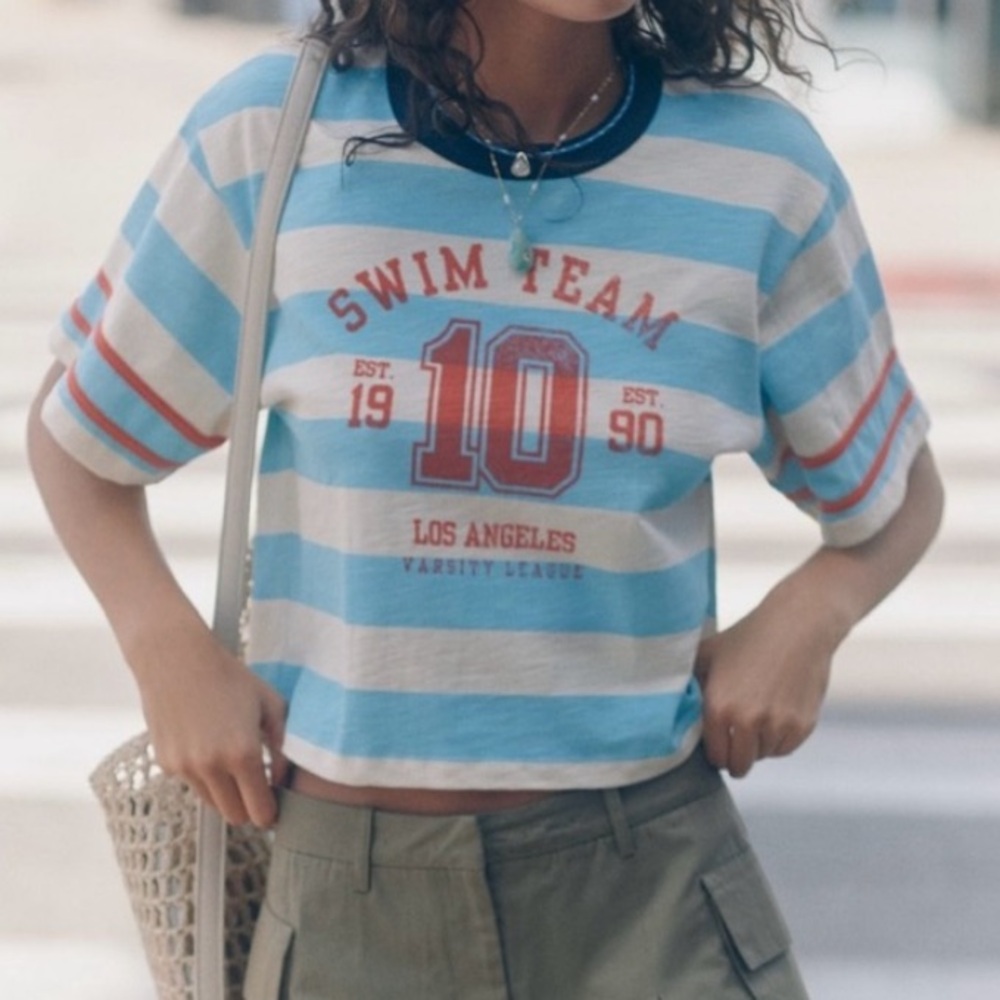 🟠NWT SUNDRY at ANTHROPOLOGIE Short-Sleeve Rugby Shirt in Blue/White Stripe